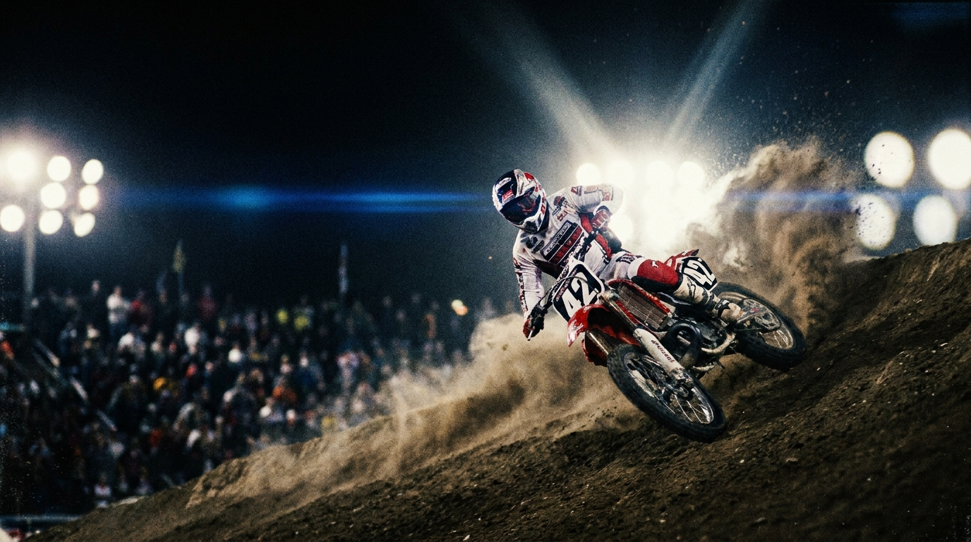 Supercross rider railing a stadium berm