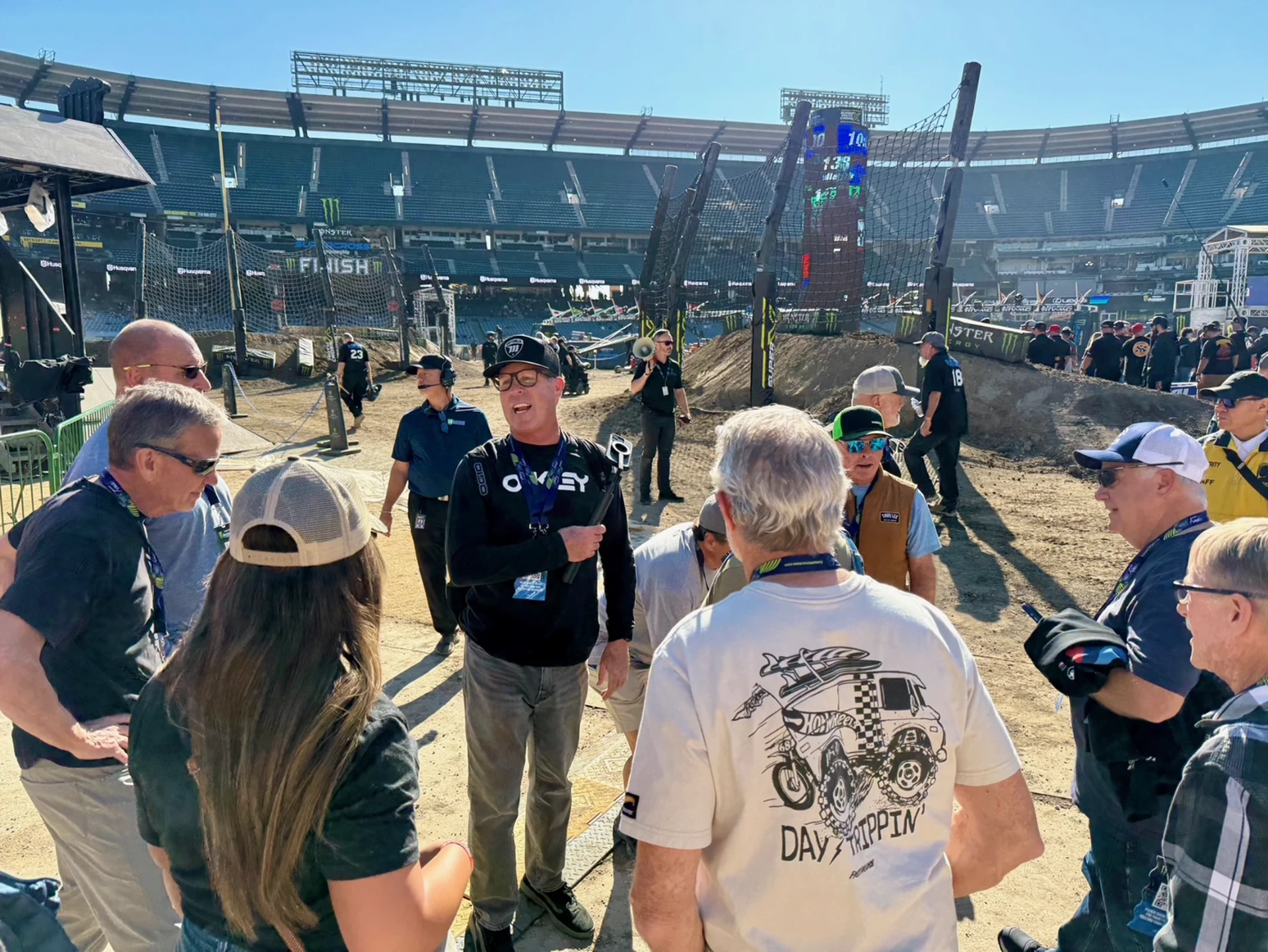 Rick Johnson leading a VIP track walk at Anaheim